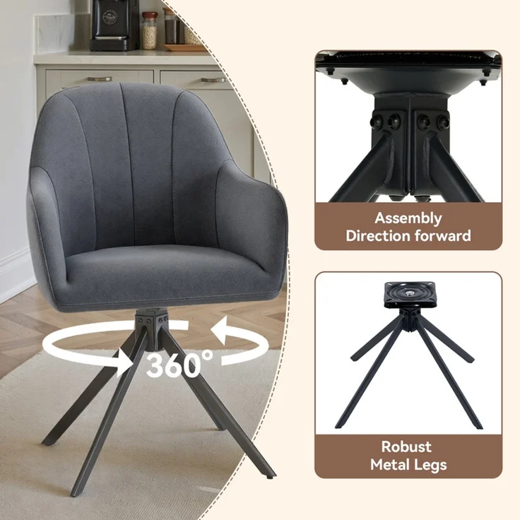 Hawthyhome 4-Fußstuhl Esszimmerstuhl drehbar mit Armlehne, 360° Drehfunktion, ergonomische Sitzschale mit weicher Polsterung, Samtbezug, stabiles schwarzes Metallgestell, moderner Küchenstuhl für Esszimmer, Wohnzimmer, Büro & Homeoffice, Dunkelgrau – Bild 4