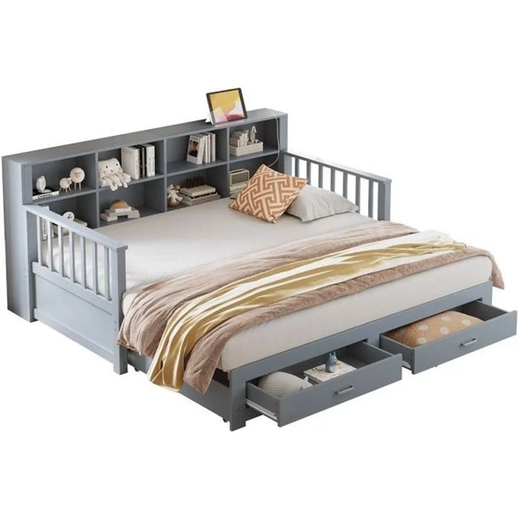 Odikalo Ausziehbett Schlafsofa Daybett Stauschrank USB 2 Schubladen 90/180x190cm Weiß/Grau – Bild 3