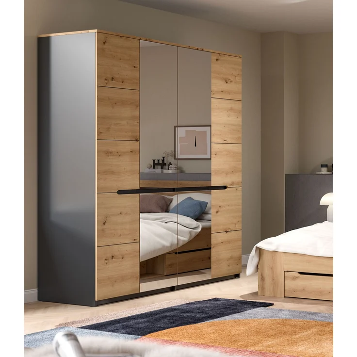 Kleiderschrank Sova 4-türig – Moderner Schrank in Eiche-Optik & Schwarz mit Stauraum und Spiegeltüren – Bild 2