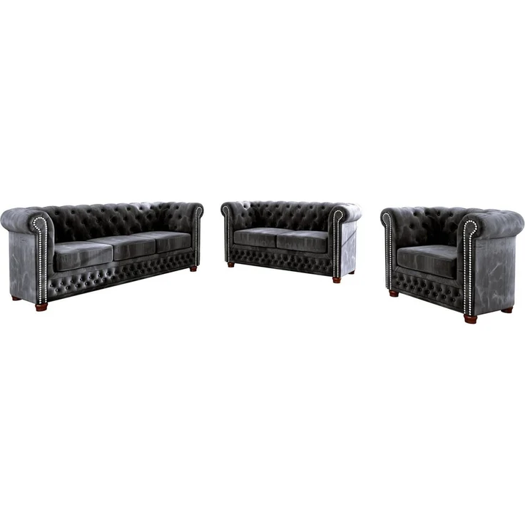 S-Style Möbel Chesterfield-Sofa Leeds 3-Sitzer aus Samt-Stoff mit Holzfüßen, mit Wellenfederung – Bild 3