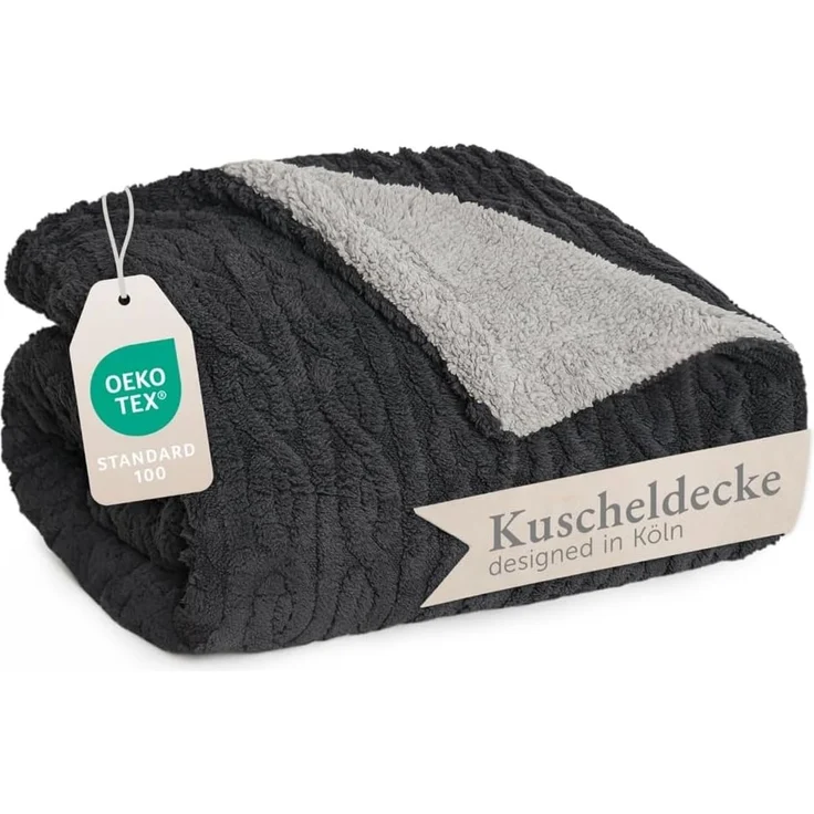 Blumtal Wohndecke, Oeko-TEX zertifiziert, waschbar, weiche Sherpa-Innenseite, Anthrazit/Grau, 130x150 cm