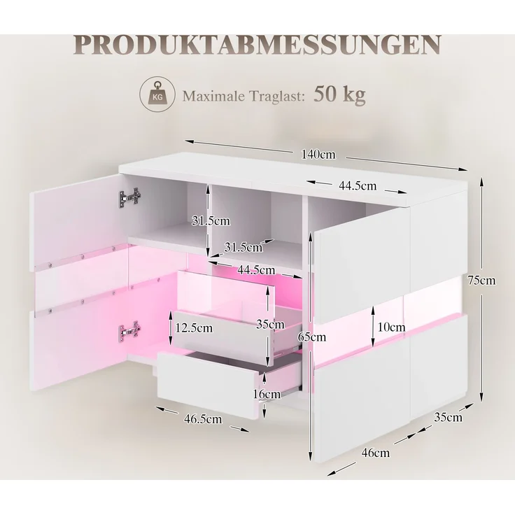 Wohnzimmerschrank aus Holzwerkstoff mit Glasvitrine & LED, 140x35x75 cm, Weiß – Bild 10
