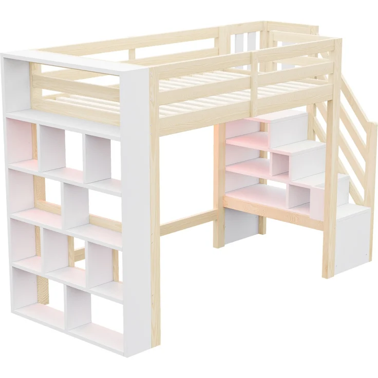 Bett als Hochbett 90x200 cm aus Kiefernholz und MDF mit Stauraum und LED, ohne Matratze – Bild 8