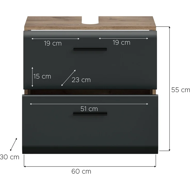 xonox. home – Waschbeckenunterschrank Ice 60 x 55 x 30 cm in Korpus Nox Oak Nachbildung und Front schwarz matt – Moderner Badschrank Unterschrank für Waschbecken – warm & natürlich – Bild 4