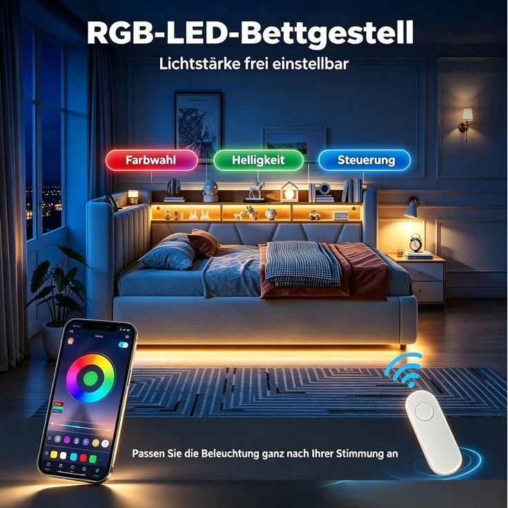 Schlafsofa Samt mit Stauraum, USB-Anschluss & LED, 140x200 cm, Grau, ohne Matratze – Bild 7
