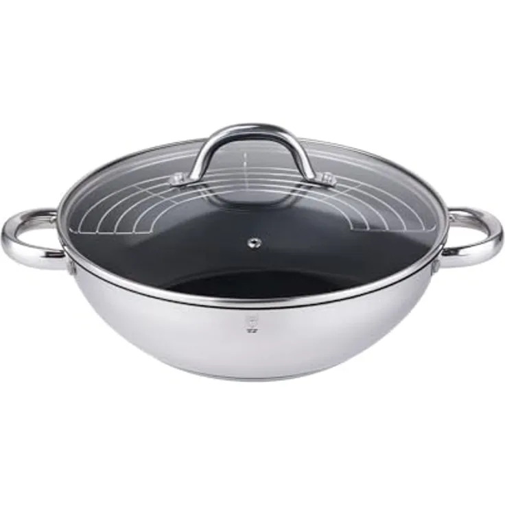 Gustav Voss Wok Wokpfanne mit Glasdeckel und Ablagegitter Pfanne, Edelstahl (Edelstahl Bratpfanne mit Deckel), langlebige Procalon PLUS Antihaftbeschichtung: