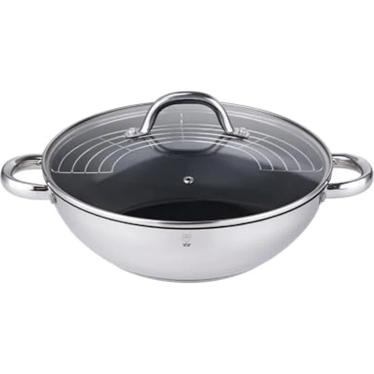 Gustav Voss Wok Wokpfanne mit Glasdeckel und Ablagegitter Pfanne, Edelstahl (Edelstahl Bratpfanne mit Deckel), langlebige Procalon PLUS Antihaftbeschichtung: – Bild 1