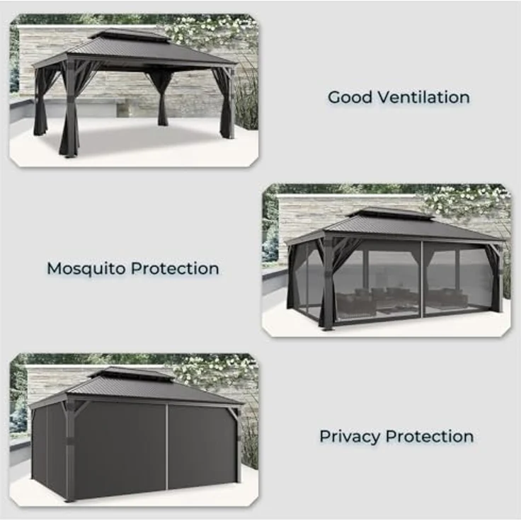 JUMMICO Pavillon 3,65x4,85 m Wasserdicht Stabil Winterfest,Hardtop Pavillion mit Doppeldach,Gartenpavillon mit Vorhängen und Moskitonetzen,Pavilion für Hinterhöfe, Gärten und Rasenflächen, Grau – Bild 5