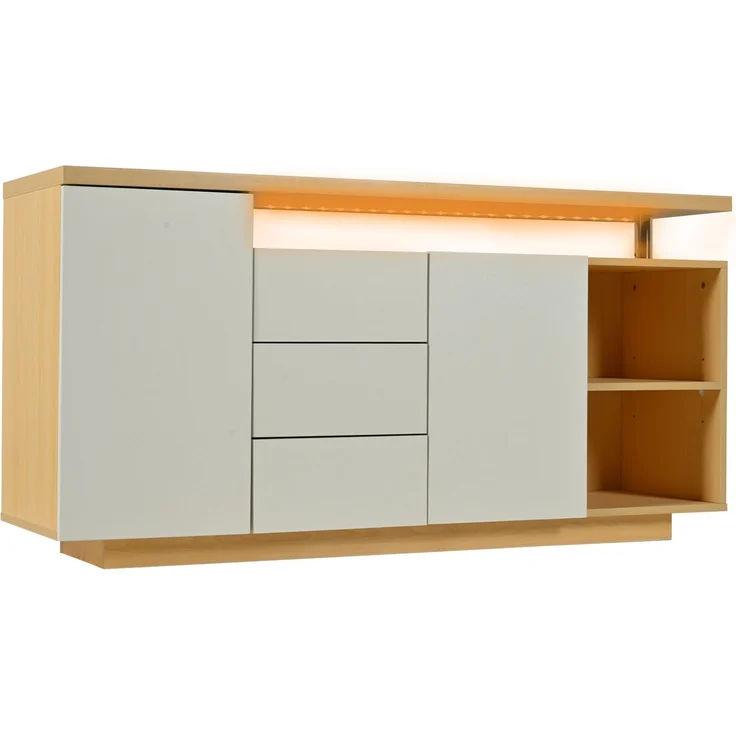 DESVIAE Sideboard mit LED-Beleuchtung und 3 Schubladen, 140x70x40 cm, Spanplatte, Weiß und Eiche hell – Bild 8