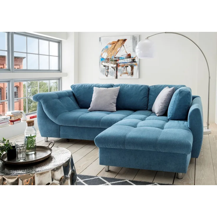 Polsterecke >Allin< Schlaffunktion, 6 Kissen, Bezug denim / silber - 250x66x190 (BxHxT)