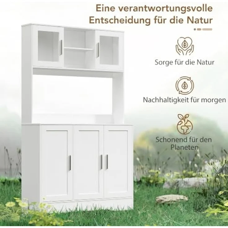HOMCOM Küchenbuffet Hochschrank mit Arbeitsplatte, Vorratsschrank mit Glastüren (Aufbewahrungsschrank, 1-St, Küchenschrank) Skandinavisches Design, Weiß – Bild 4