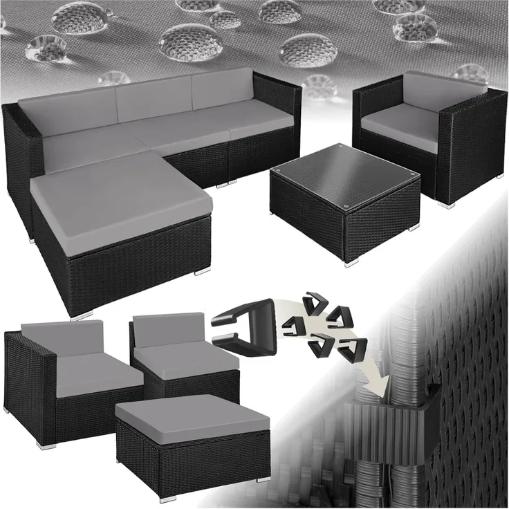 tectake Polyrattan Lounge Set Milano, Luxus Outdoor Gartenmöbel inkl. Sitz- und Rückenkissen, Balkon Möbel/Rattan Gartenmöbel Set mit Sofa, Sessel und Tisch - schwarz/grau