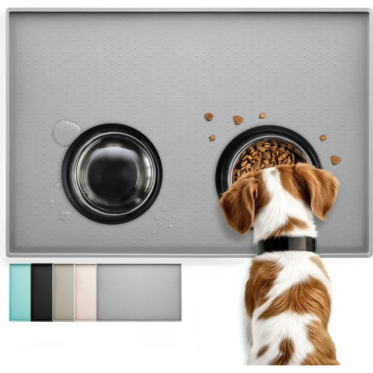 Conlun Hunde und Katzen Futtermatte 81x61 cm, 3224 Hundefuttermatte | Wasserdichte Haustier Futtermatte mit Erhöhtem Rand, Verhindert Auslaufen und Spülmaschinenfest, Grau