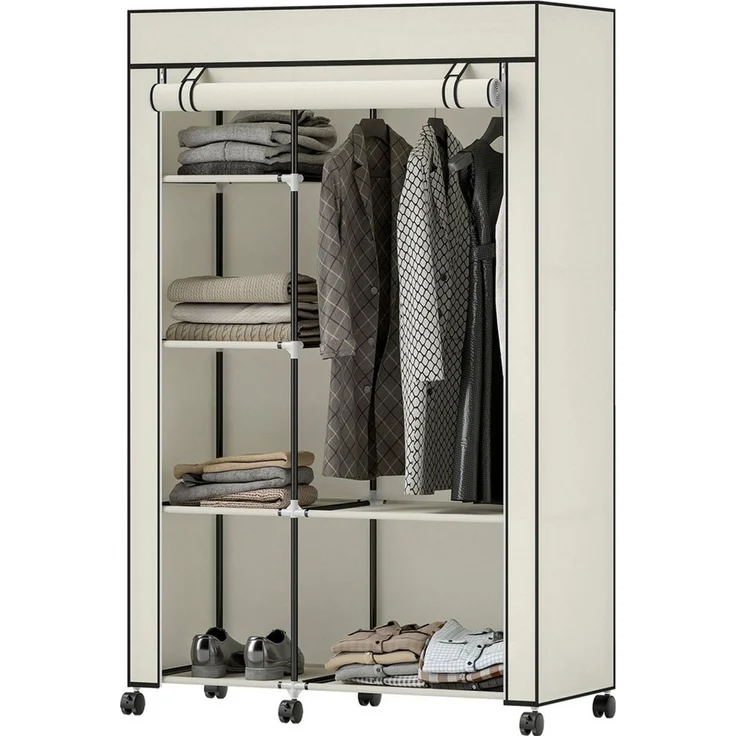 Luckice Stoffschrank Stoffschrank, Aufbewahrungslösung mit 6 Regalen & 1 Kleiderstange (103x43x162,5 cm, Creme, mit Rollen) – Bild 1