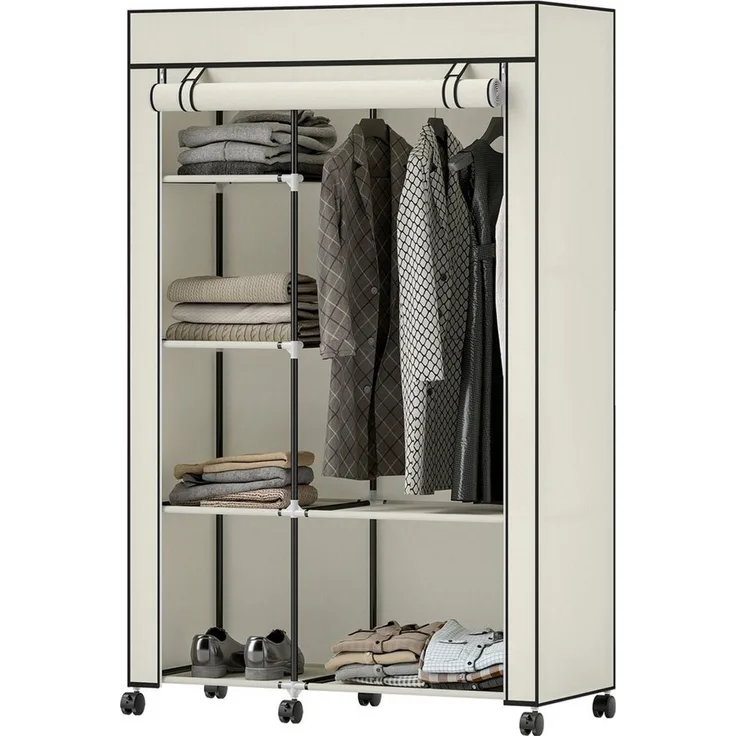 Luckice Stoffschrank Stoffschrank, Aufbewahrungslösung mit 6 Regalen & 1 Kleiderstange (103x43x162,5 cm, Creme, mit Rollen)