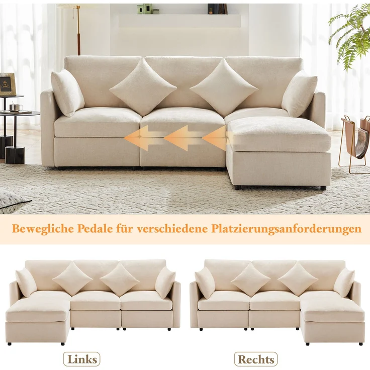 DESVIAE Sofa modular mit Hocker und 4 Kissen 216x81x161 cm Chenille Beige – Bild 6