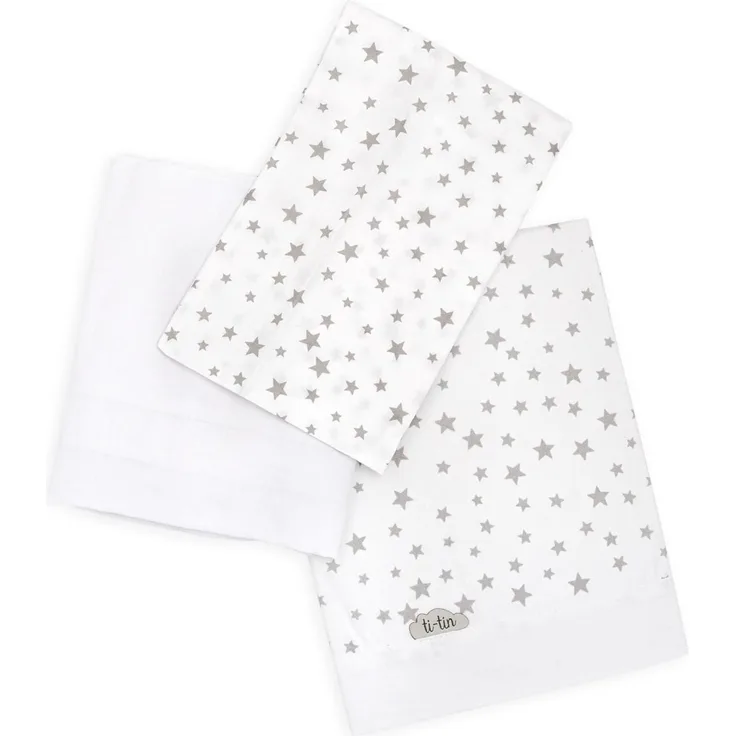 Ti TIN 3-teiliges Bett-Set Bettbezug für Babybett, 50x80 cm | Bettdeckenbezug+ Spannbettlaken mit Gummizug + Kissenbezug 100% Baumwoll-Popeline für Kinderbett, Sternchen-Motiv, grau