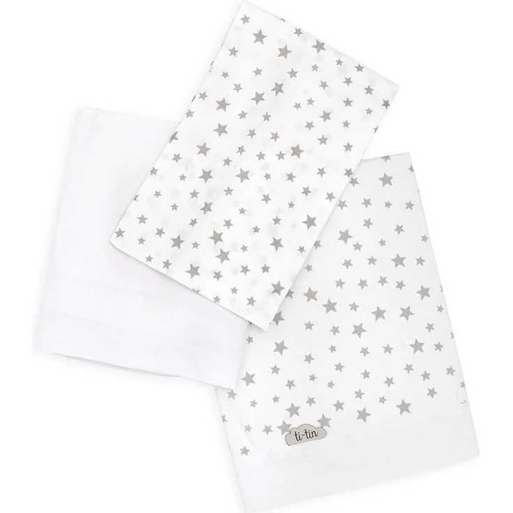Ti TIN 3-teiliges Bett-Set Bettbezug für Babybett, 50x80 cm | Bettdeckenbezug+ Spannbettlaken mit Gummizug + Kissenbezug 100% Baumwoll-Popeline für Kinderbett, Sternchen-Motiv, grau