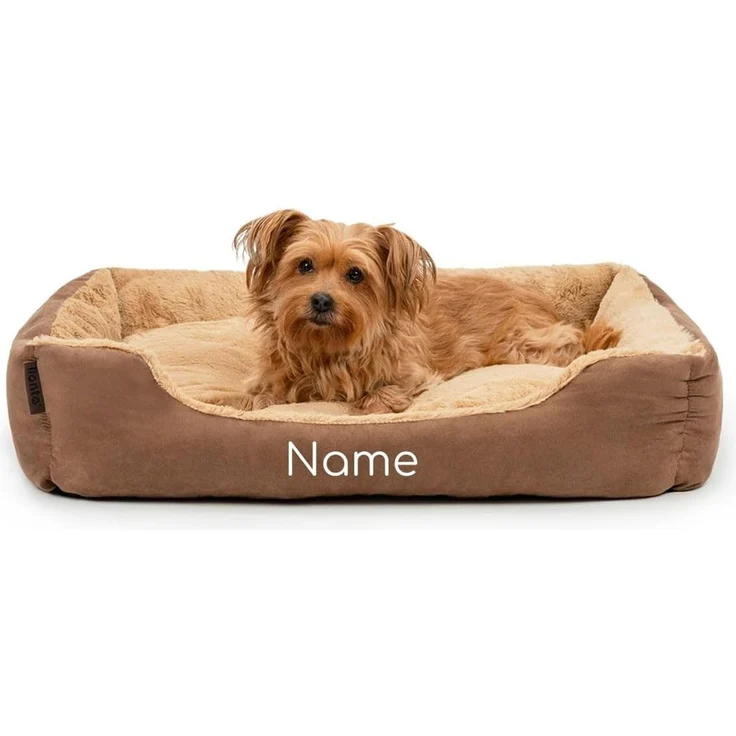 lionto Hundebett mit Wendekissen und Rutschfester Unterseite, Heimtierkissen mit tiefem Einstieg für Hunde und Katzen jeden Alters, 75x60 cm, kuscheliges Hundekissen, braun/beige (Namensaufdruck)