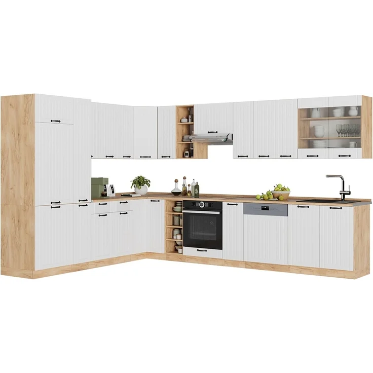 Eckküche Fame-Line Weiß Landhaus/Goldkraft Eiche 347 x 257 cm ohne Arbeitsplatte Vicco – Bild 4