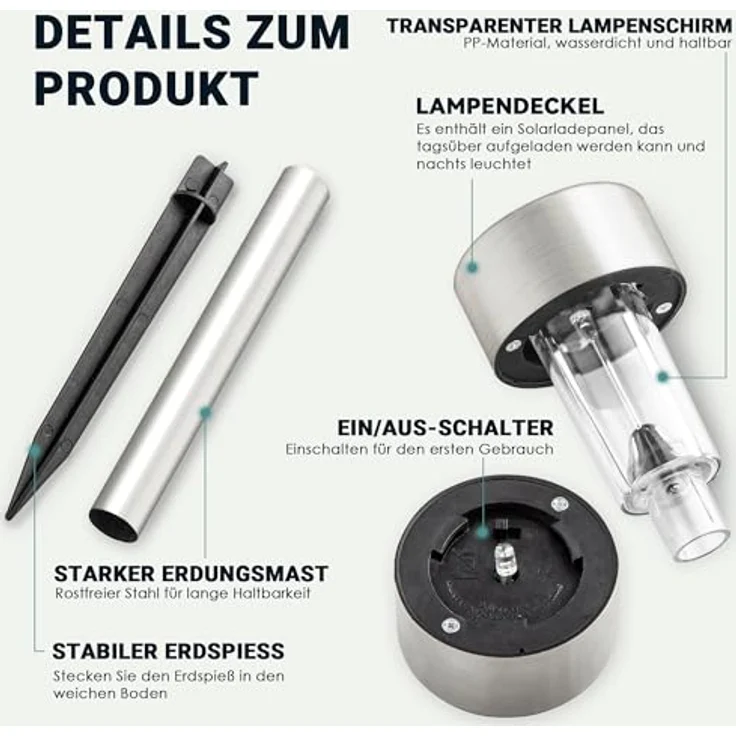 GIGALUMI Solarlampen für außen, Solarleuchten für Garten, 12 Stück, wasserdichte Solar Gartenleuchten für außen Garten, Balkon, Terrasse, Rasen, Wege (kaltweißen) – Bild 8