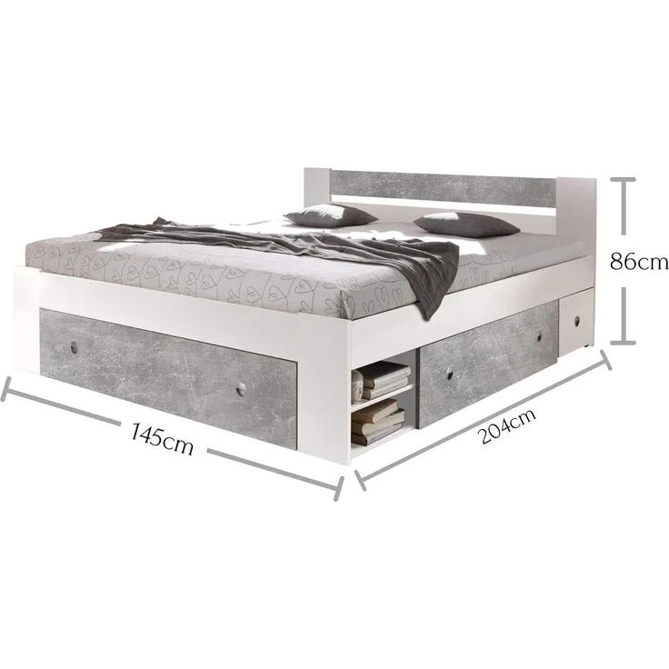 STEFAN Moderne Doppelbett Bettanlage 140x200 cm mit 2x Nachtkommoden - Schlafzimmer Komplett-Set in Beton-Optik, Weiß - 145 x 86 x 204 cm (B/H/T)