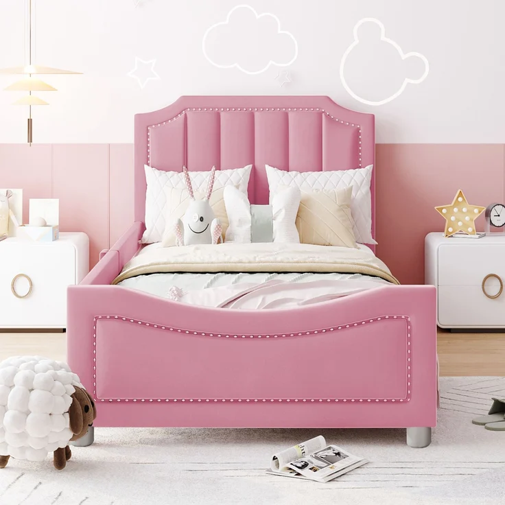 Kinder Polsterbett mit Bogendesign, Flanellbezug, dekorativen Nieten, weichem Rahmen, vielseitig nutzbar als Schlafsofa – Bild 4