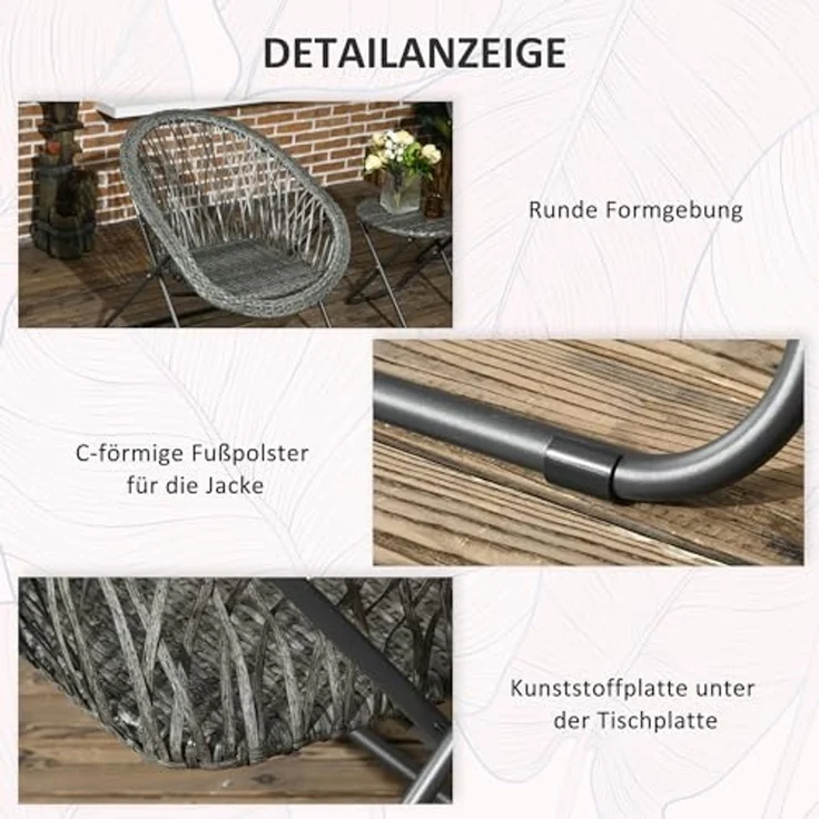 Outsunny Sitzgruppe Klappbar Sitzgarnitur mit Couchtisch 2 Stühlen, (Balkonmöbel, 3-tlg, Gartensitzgruppe), für Balkon, Terrasse, Grau – Bild 6