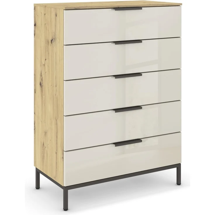 Rauch Möbel Flipp, Nachttisch für Schlafzimmer, Flur, Garderobe, 5 Schubladen, mit Softclose Funktion, Griffe und Metallkufe Graphit, Farbe Eiche Artisan, Holz/Glas Beige, Breite 80 cm