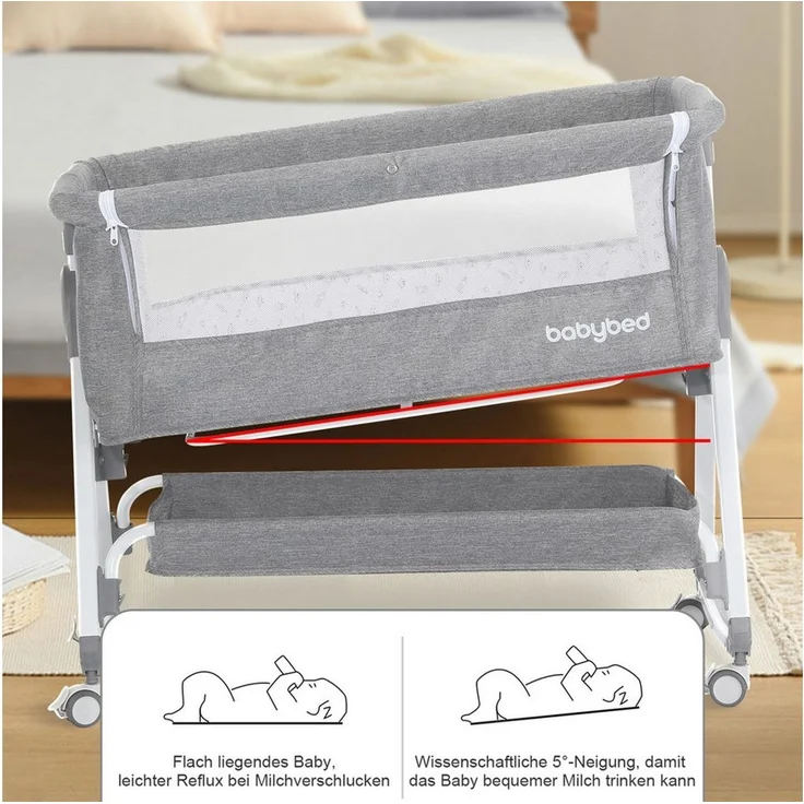 oyajia Beistellbett 3 in 1 Babybett Babywiege für Neugeborene Schaukelbettchen Rädern, 6-stufige Höhenverstellung, mit Rollen, Matratze und Moskitonetz – Bild 4