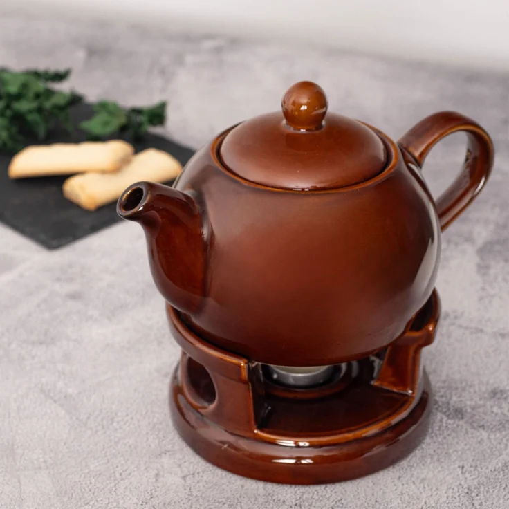 KADAX Teekanne 1L mit Stövchen Set, Kaffeekanne aus Porzellan mit Deckel, Griff und Teestövchen, Kanne mit Teelicht Wärmer für Tee, Teeservice (Braun) – Bild 2