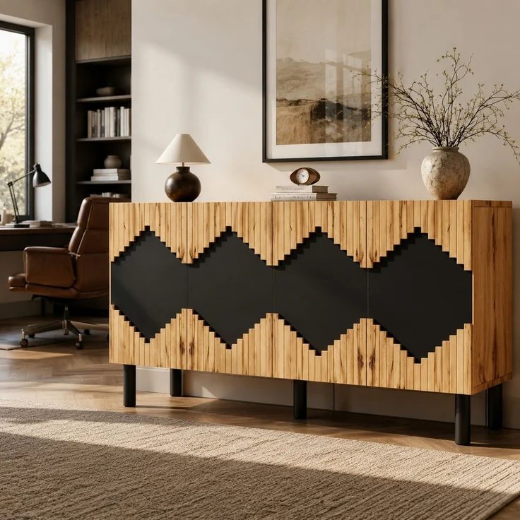 DESVIAE Sideboard Natur/Schwarz aus MDF/Spanplatte – 140x70x40 cm – 2 Türen, Push-Open – Bild 2