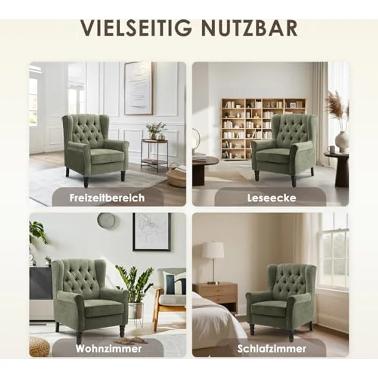 COLAMY Mid-Century Modern Sessel Wohnzimmer, Gepolsterter Wingback-Sessel mit Knopfsteppung, loungesessel Bezug aus Gewebe mit Massivholzbeinen für Wohnzimmer, Büro, Café - Grün – Bild 6