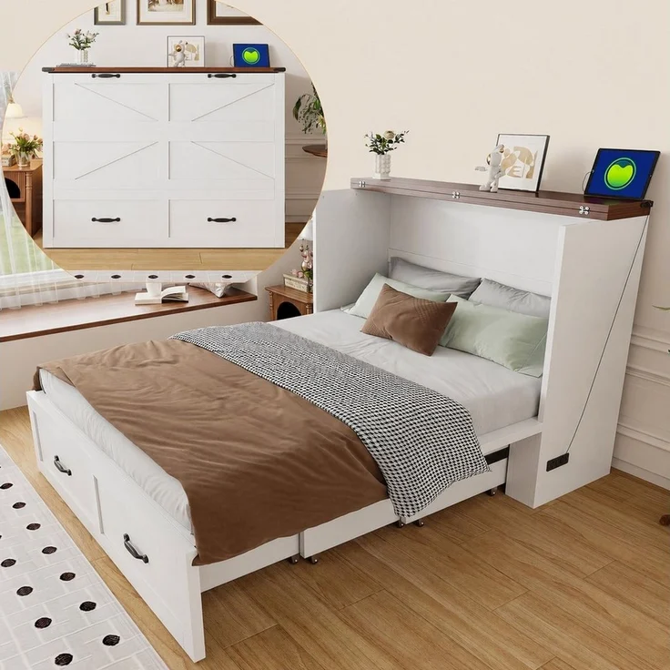 Flieks Schrankbett Klappbett Ausziehbett Holzbett 140x200cm mit Steckdose – Bild 1