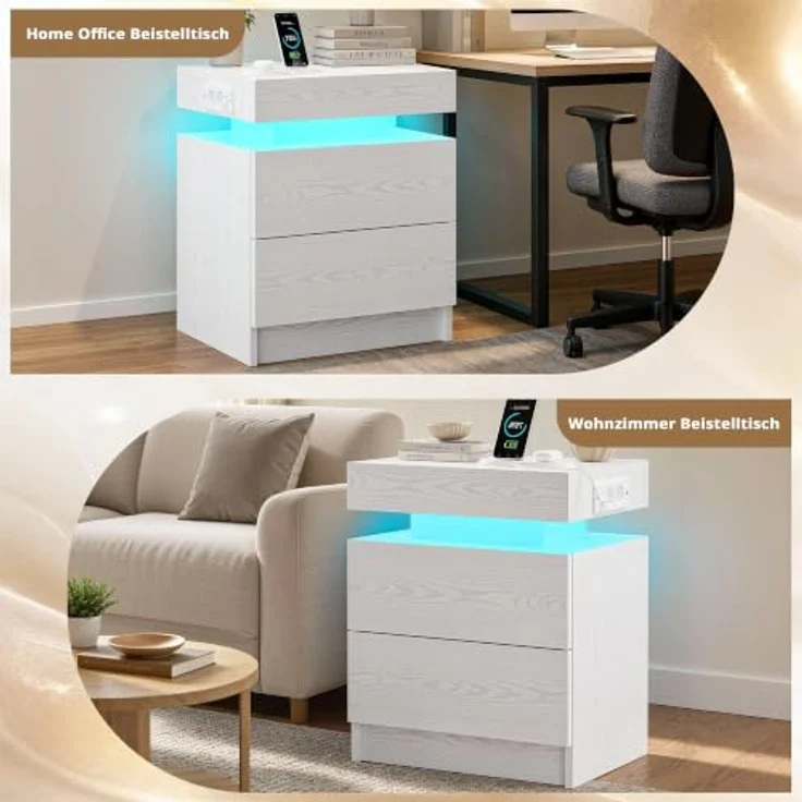 IRONCK Nachttisch 2er Set mit LED & Steckdose, Weiß | Nachtkonsole 48x35x60 cm mit USB-Anschluss, 2 Schubladen Modernes Design für Schlafzimmer, Wohnzimmer – Bild 8
