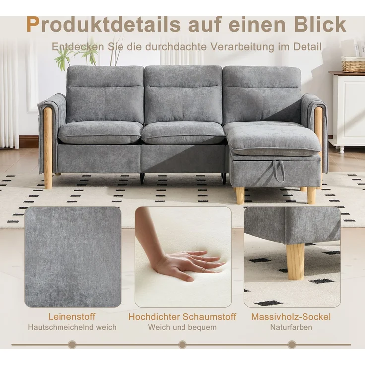 EINHOM Dreisitzige Sofagarnitur im nordischen Stil mit Aufbewahrungshocker, L-förmiges Stoffsofa mit Seitentaschen und Tischbeinen aus Holz, ideal für Wohnzimmer und kleine Räume (Grauer Chenille) – Bild 3
