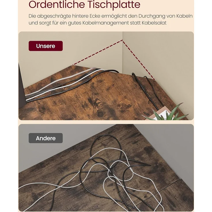 VASAGLE Eckschreibtisch, L-förmiger Computertisch, 129 x 129 x 76 cm, platzsparender Bürotisch, Homeoffice, Gaming, vintagebraun-tintenschwarz LWD124K01 – Bild 6