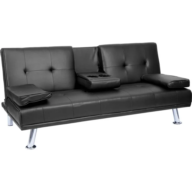 MCW 3Er-Sofa, Schwarz, Textil, 166x77x81 cm, verstellbare Rückenlehne, klappbarer Tassenhalter, Schlaffunktion