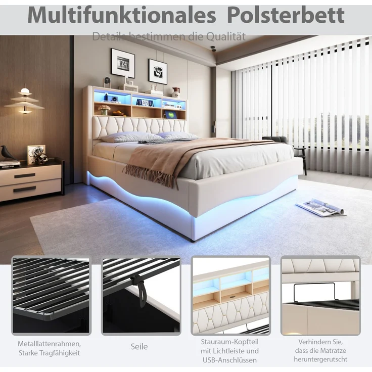 Merax Polsterbett, 180×200cm Doppelbett, mit hydraulischem Stauraum APP-gesteuertes LED-Lichtband USB-Ladeanschluss Metall-Lattenrost, Leinenpolsterung, Beige – Bild 6