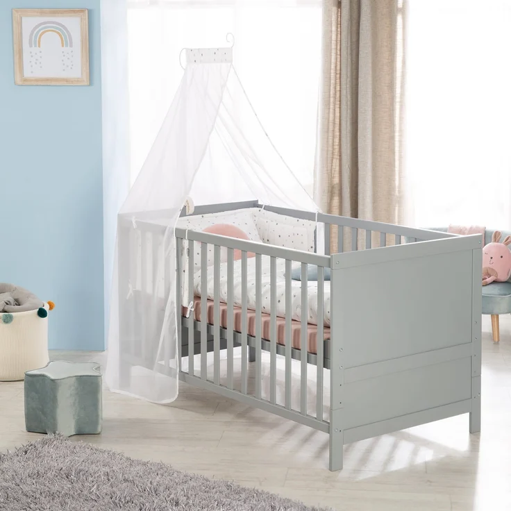roba Gitterbettt 70 x 140 - 3-fach höhenverstellbar - 3 Schlupfsprossen - Babybett umbaubar - Holz taupe – Bild 1