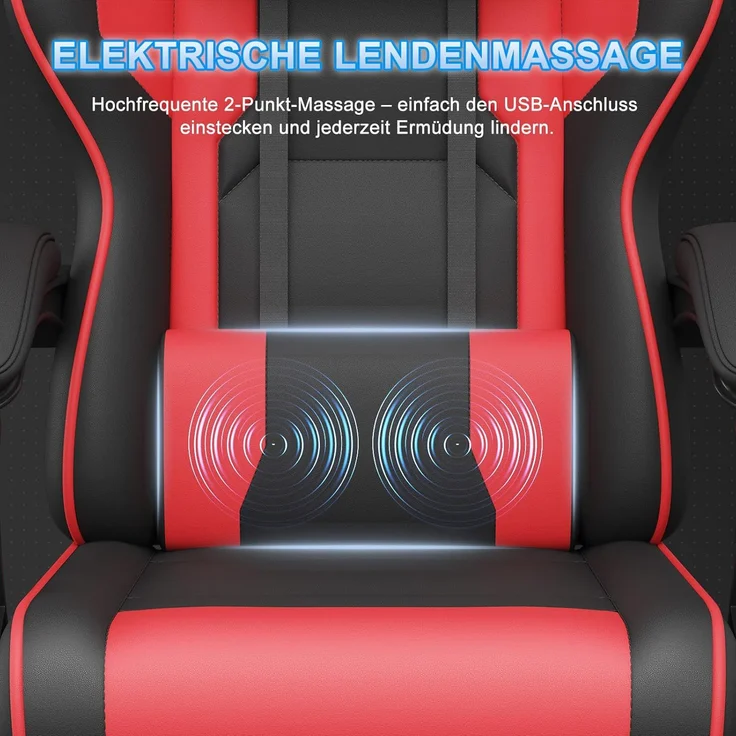 Devoko Gaming Stuhl mit Massagefunktion, Bürostuhl Ergonomisch mit Verstellbarer Ruckenlehne (90-135), Schreibtischstuhl mit Bewegliche Armlehne, max 150kg, rot – Bild 7
