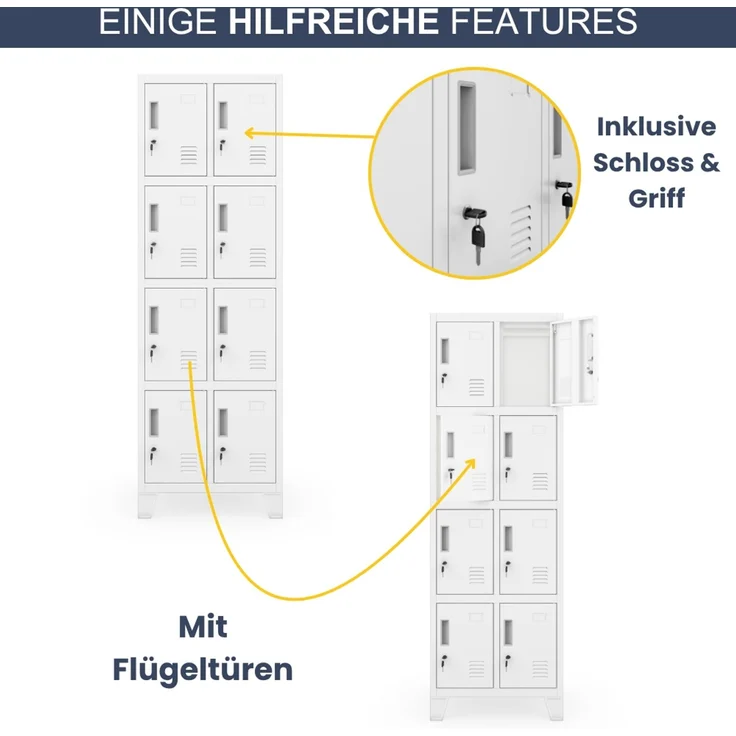 Schließfachschrank Spind TAMPA - 8 Fächer, Etikettenhalter Lüftungsschlitze | Wertfachschrank Umkleideschrank Metall Kleiderspind, 172 x 55,9 x 45 cm Weiß – Bild 5