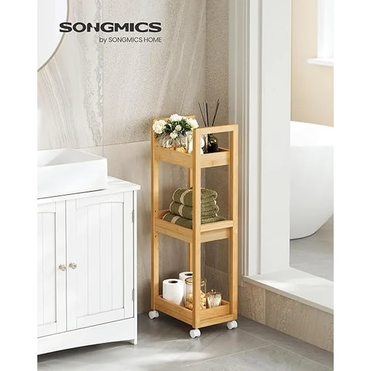SONGMICS Badezimmerregal mit 3 Ebenen und Rollen, Bambus naturbeige, 30 x 20 x 80 cm