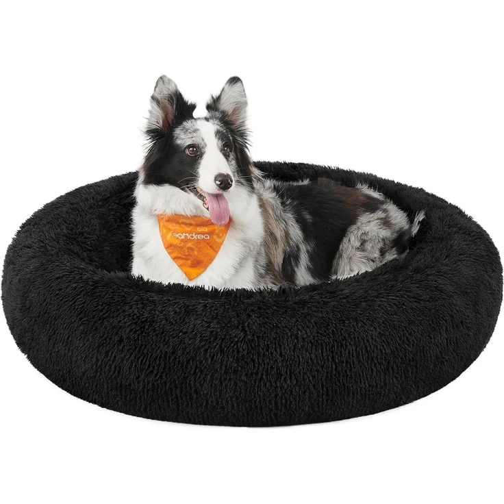 Feandrea Hundebett flauschig, Katzenbett, Donut Kissen, waschbar, Polsterung in der Mitte herausnehmbar, Langer Plüsch, 100 cm Durchmesser, tintenschwarz PGW042B01 – Bild 1