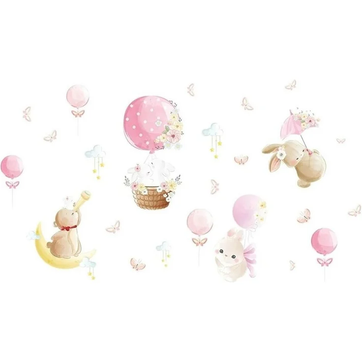 Montegoni Wandsticker Hasen Ballon Wandsticker Kinderzimmer Rosa Wolken Wandtattoo (Mehrteiliges Motivset, 1er Set Hasen Ballon Wandsticker), Selbstklebend, Ablösbar, Mehrteilig, Dekorativ – Bild 4
