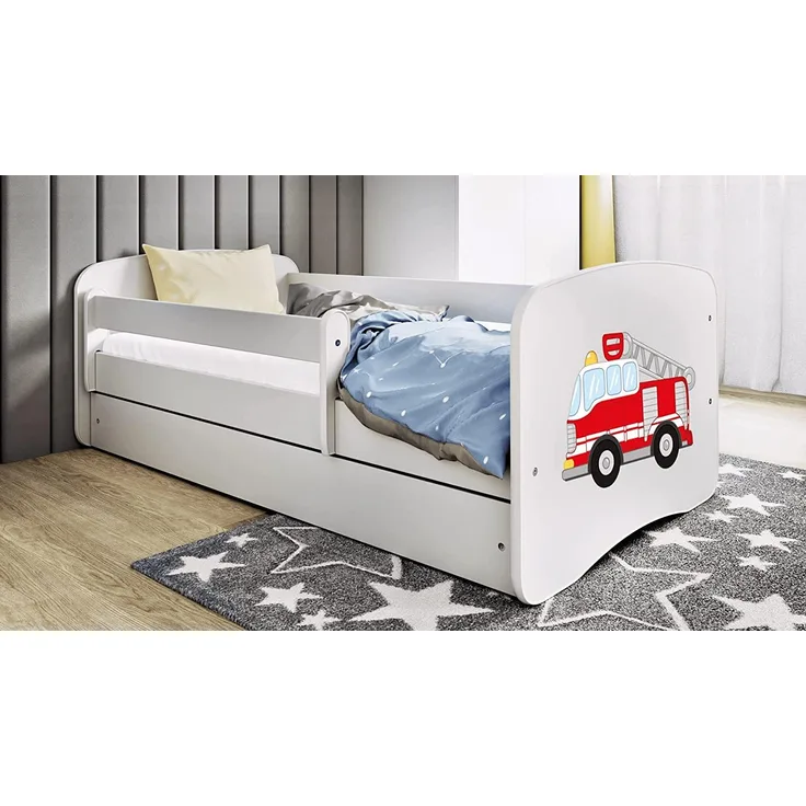Kinderbett 160x80 mit Matratze, Rausfallschutz, Lattenrost & Schublade in weiß 80x160 Jungen Bett Feuerwehr