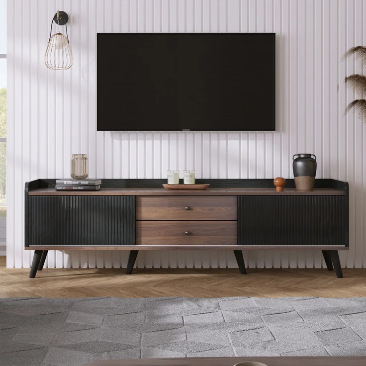 TV-Ständer 160 cm Schwarz & Holz, Sideboard mit gestreiften Schiebetüren, zwei Schubladen, Massivholzbeine – Bild 5