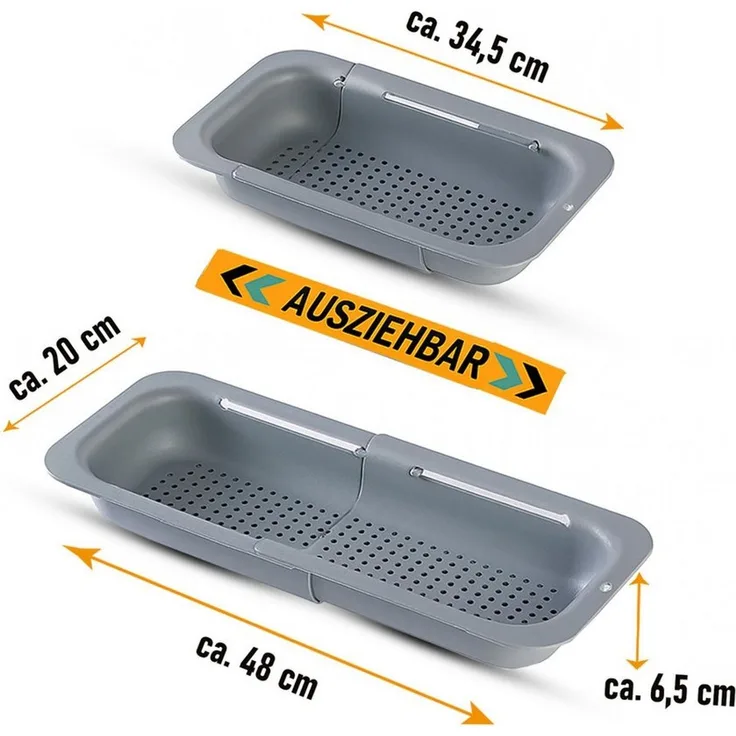 Bestlivings Küchensieb ausziehbar für Spülbecken, Kunststoff, lebensmittelecht, B20cm, L34-48,5 cm verstellbar, robust