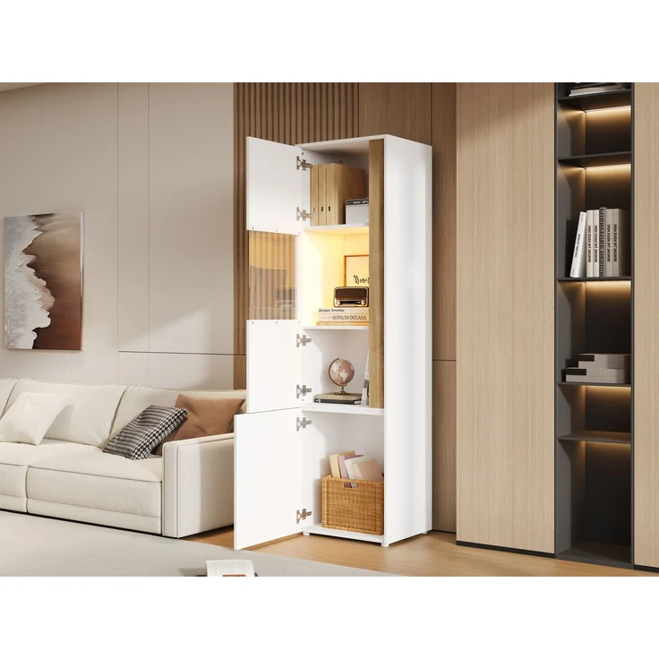 Vitrine, Aufbewahrungsmöbel, hoher Schrank mit LED-Beleuchtung, 2 Türen (eine davon aus Acryl), Geeignet für Wohnzimmer, Büros und Küchen, Weiß+Natural, Maße: B50 x T40 x H179 cm.--Natur + Weiß--50x40x179cm--YOUDENOVA – Bild 6