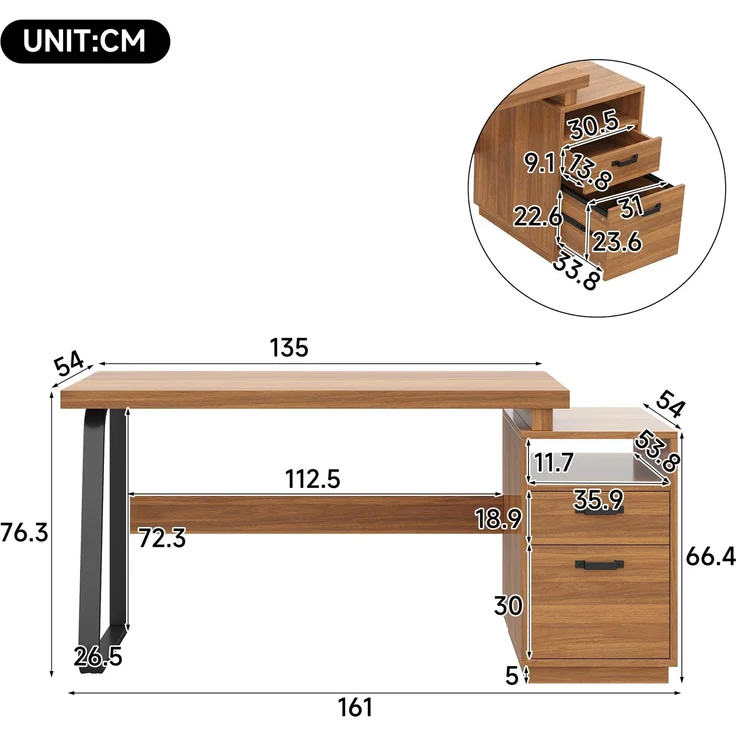 Flieks Schreibtisch 161 x 54 x 76.4 cm mit offenem Ablagefach, geräuscharmer Schublade und Stahlgestell, Walnussfarben – Bild 5